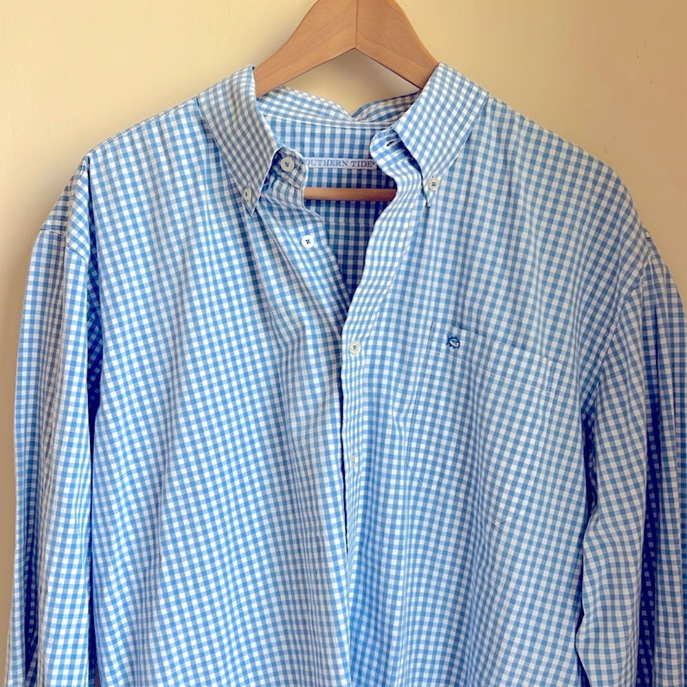 Southern Tide light blue gingham check cotton elastane Button Down Shirt XL NWOT